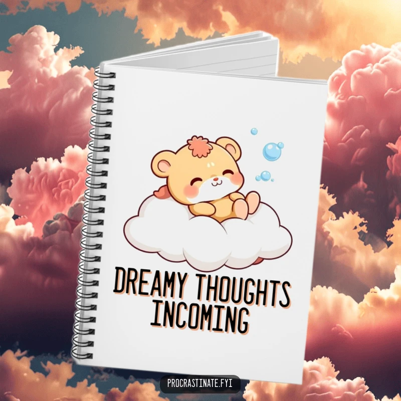 Funny Notebook with a cute animal character on a cloud, happily blowing bubbles, designed for jotting down creative thoughts.