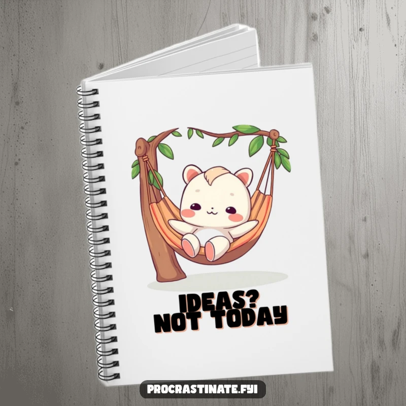 Funny notebook cover featuring a creature in a hammock with a blank expression, representing a peaceful and unburdened mind.