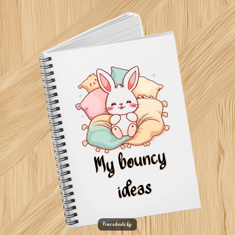 Funny bunny pillow notebook featuring a playful bunny surrounded by bouncing blankets and pillows. Perfect for notes.