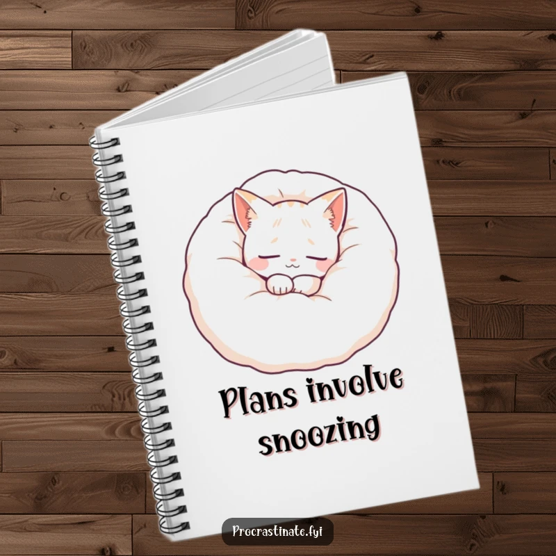Funny cat pillow notebook featuring a peaceful feline curled up in a soft pillow, ideal for serene note-taking and journaling.