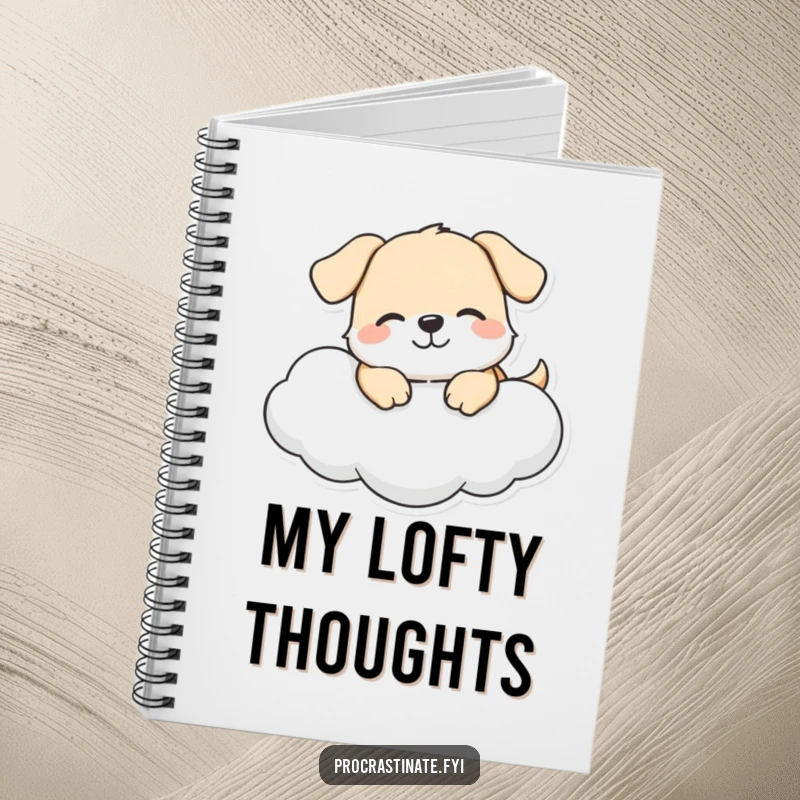 Funny dog cloud notebook featuring a happy dog character smiling on a cloud, ideal for jotting down thoughts with joy.
