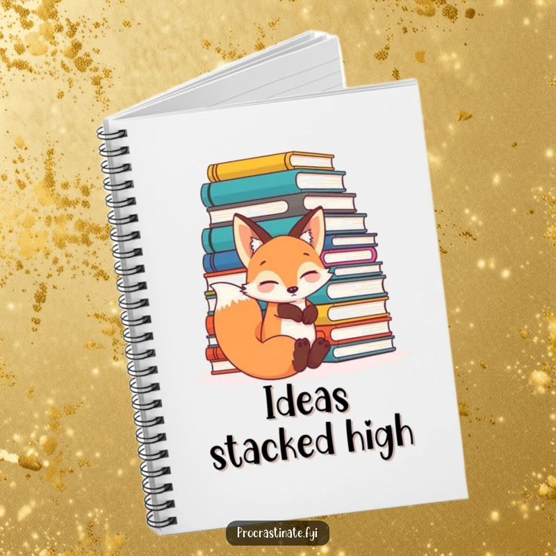 Funny relaxed fox leaning comfortably against a huge pile of books, looking content and scholarly on the cover of this notebook.