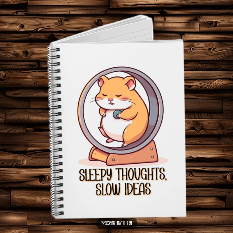 Funny notebook cover featuring a weary hamster slowly turning an oversized wheel, ready to capture your thoughts at a relaxed pace.