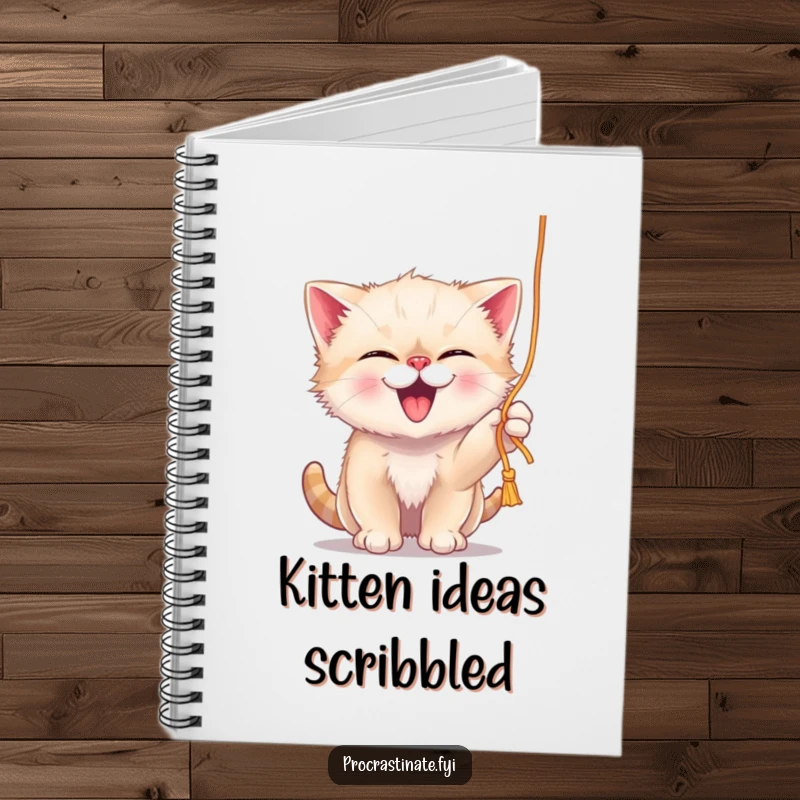 Funny giggling kitten playfully batting at a dangling string of yarn, printed on the cover of a delightful notebook.