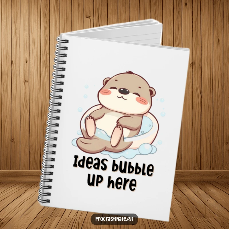 Funny notebook cover with a serene otter character floating relaxed on its back in a bubbly bath, ready for notes.