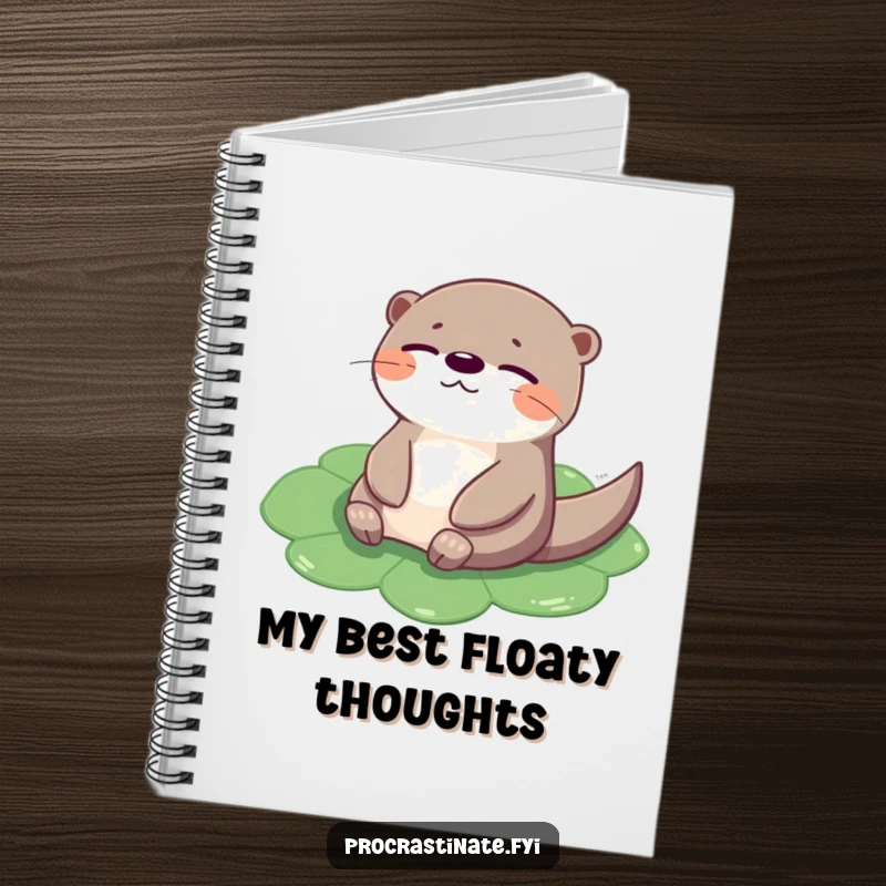 Funny otter notebook cover with a cheerful creature floating on a lily pad, eyes closed, inspiring peaceful note-taking.