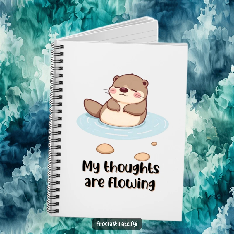 Funny otter floating peacefully on its back in a calm stream, looking utterly relaxed and happy on the cover of this notebook.