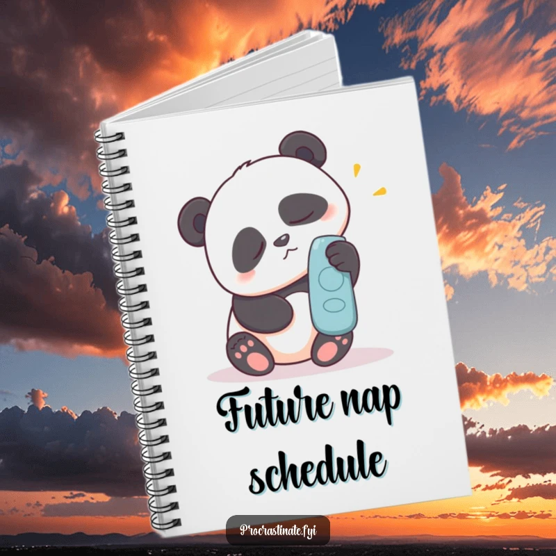 Funny notebook with a sleepy panda making a great effort to reach for a remote control, perfect for notes.