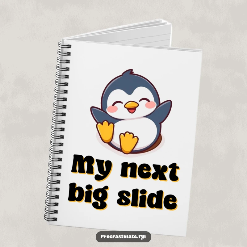Funny notebook cover with a joyful penguin character eyes closed, sliding down a snowy hill, ready for notes and ideas.