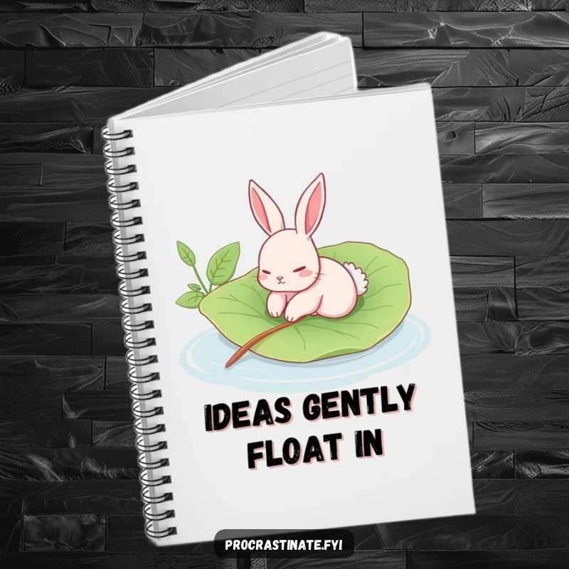 Funny rabbit notebook with a languid rabbit floating on a giant leaf in a calm pool, perfect for journaling and notes.