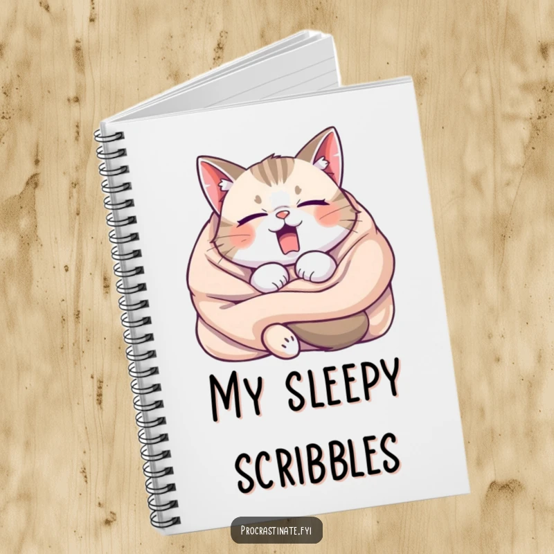 Funny Sleepy Cat Yawning Notebook, a cat tangled in a blanket, ideal for jotting down lazy ideas and cozy thoughts.