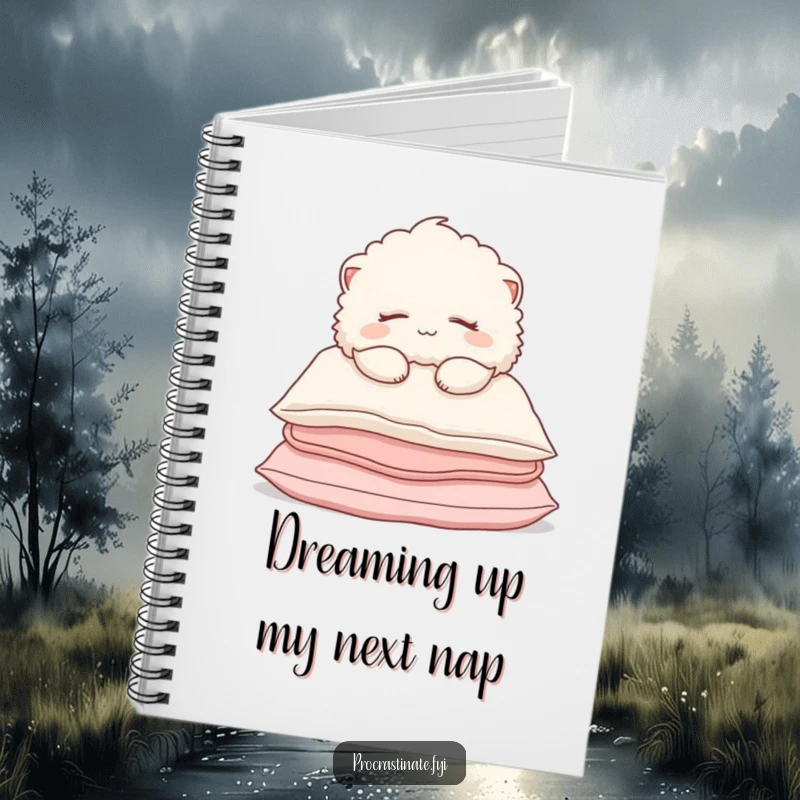 Funny Notebook featuring a fluffy creature sleeping peacefully on pillows, ideal for jotting down notes with a serene vibe.