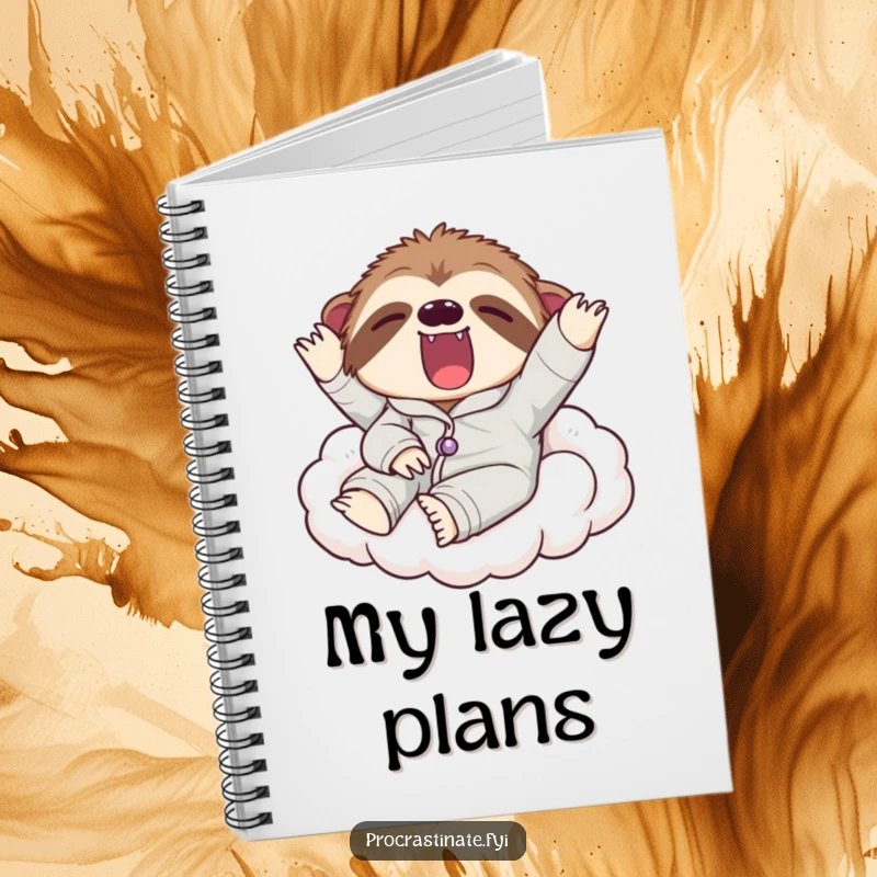 Funny notebook with a lazy sloth in pajamas yawning widely on a comfy cloud, perfect for jotting down notes and relaxed ideas.