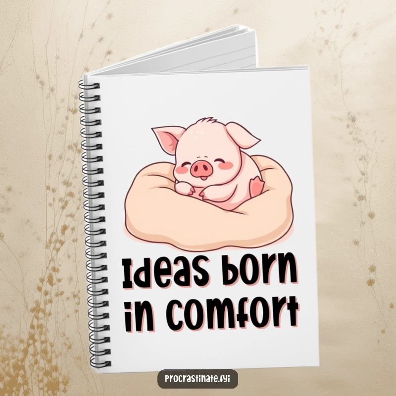 Funny piglet notebook with a happy piglet rolling in soft blankets, perfect for jotting down ideas with a cozy and humorous touch.