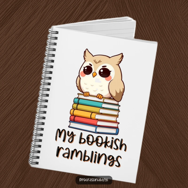 Funny smiling owl character with droopy eyes, leaning on a tilted stack of books, a lined notebook for insightful notes.