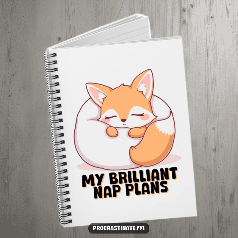 Funny sleepy fox notebook cover featuring a cute fox character peeking from a giant pillow, perfect for capturing sleepy ideas.