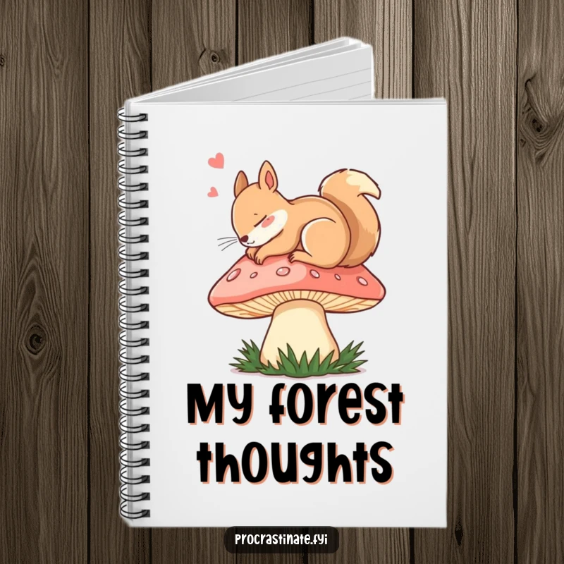 Funny dozing squirrel curled up on a giant mushroom cap on the cover of a functional notebook.