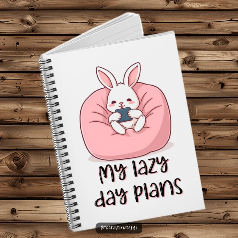Funny rabbit notebook featuring a relaxed rabbit lounging in a beanbag chair with a remote, perfect for jotting down ideas.