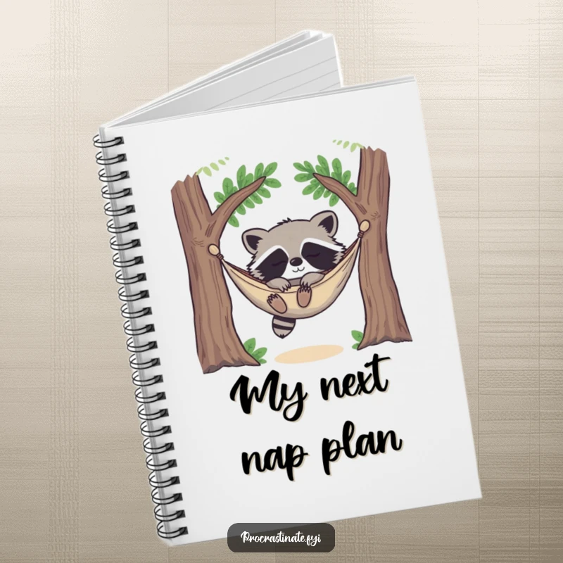 Funny happy raccoon deeply asleep in a cozy hammock strung between two trees, looking utterly content on the cover of this notebook.
