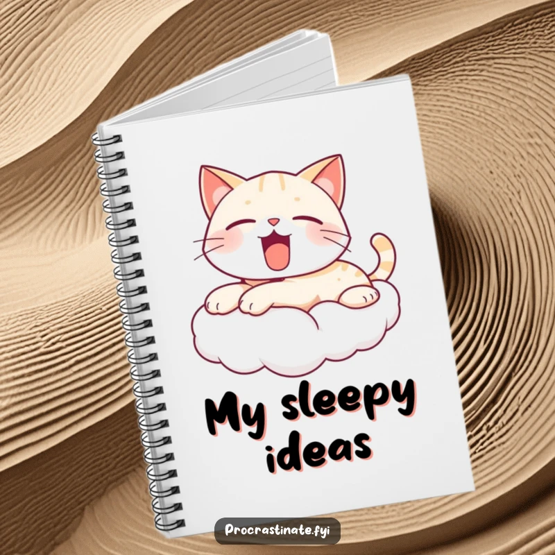 Funny yawning cat notebook with a cute, kawaii cat on a cloud, yawning blissfully, inspiring peaceful note-taking and gentle doodles.