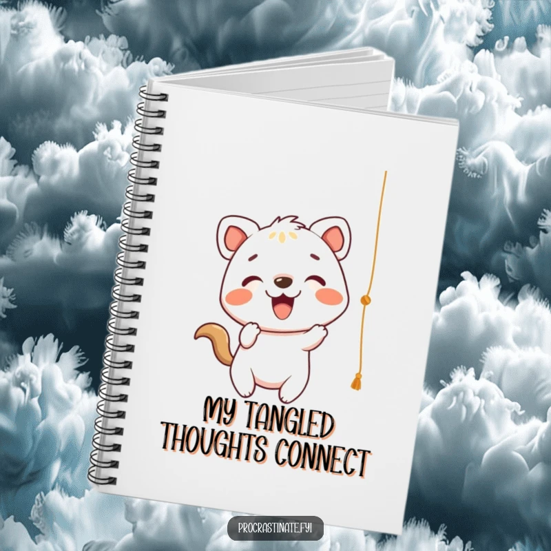 Funny Notebook with a cheerful animal character playfully batting at a dangling string, designed for jotting down fun ideas.