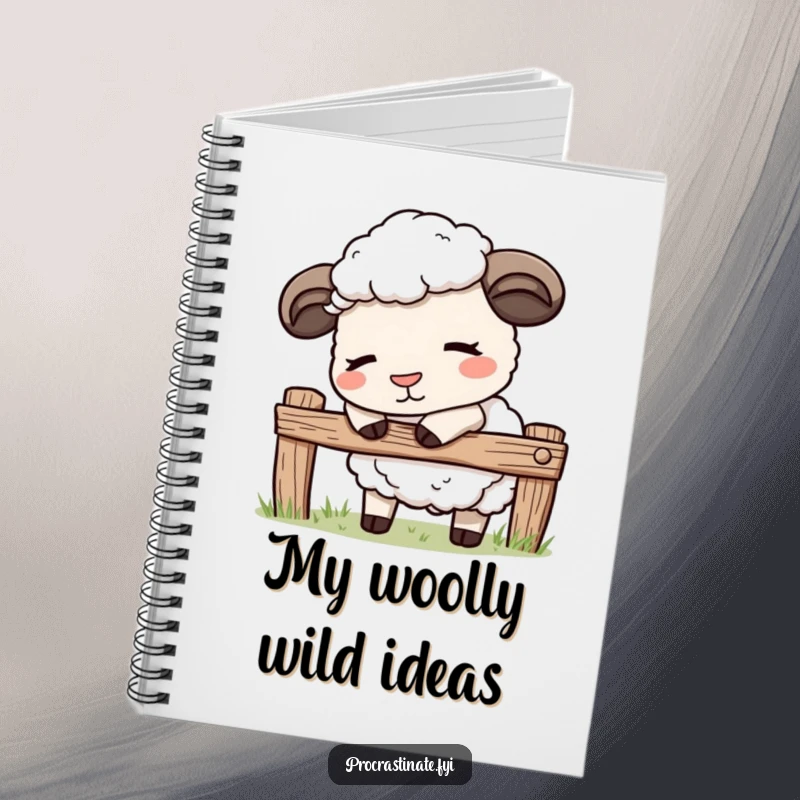 Funny kawaii sheep notebook with a cute character gently nodding off by a fence, ideal for journaling peaceful thoughts.