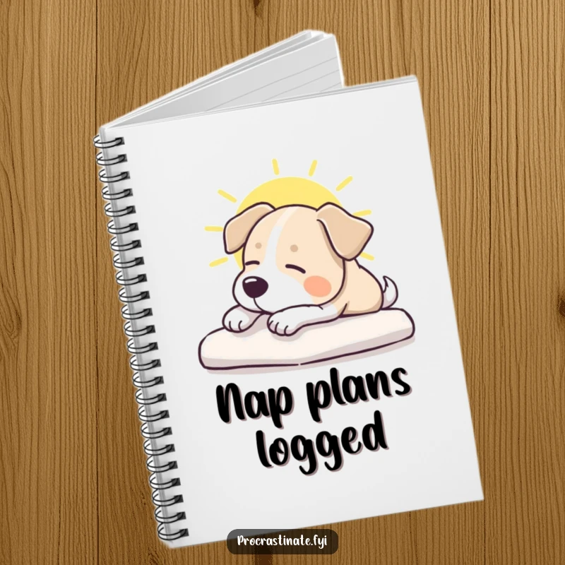 Funny dog notebook showing a calm dog stretching in a sunbeam, perfect for jotting down notes with furry inspiration.