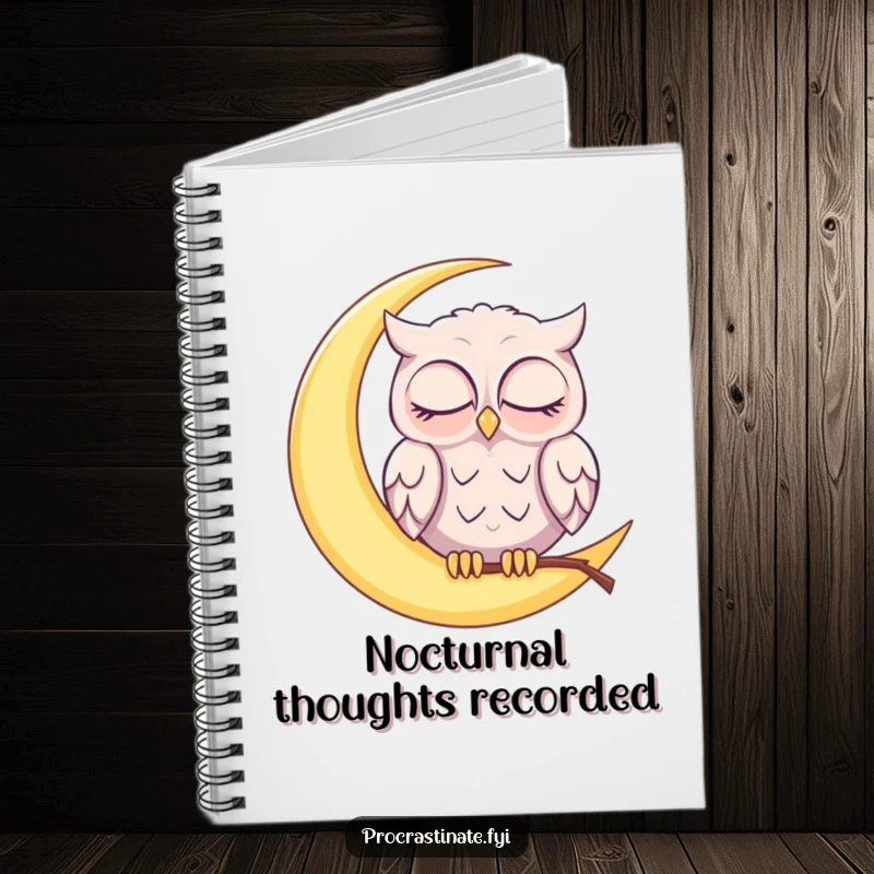 Funny sleepy owl perched on a glowing crescent moon, gently nodding off with half-closed eyes on the cover of this notebook.