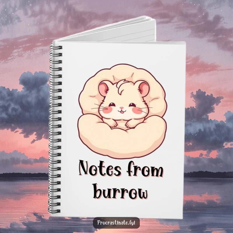 Funny hamster notebook with a content hamster burrowed deep within a pile of fluffy pillows, perfect for journaling and notes.