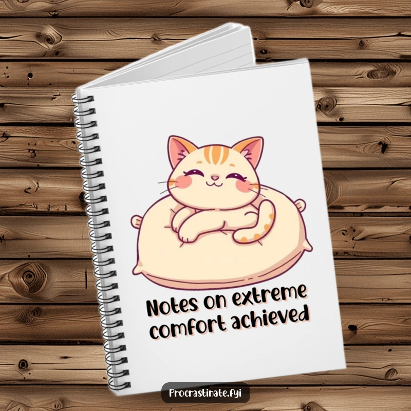 Funny cat notebook with a cheerful cat stretching languidly on a giant pillow, perfect for journaling or note-taking with a humorous twist.