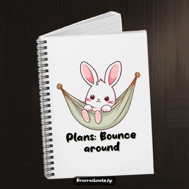 Funny kawaii rabbit lounging in a hammock, a cute notebook for jotting down relaxing ideas.