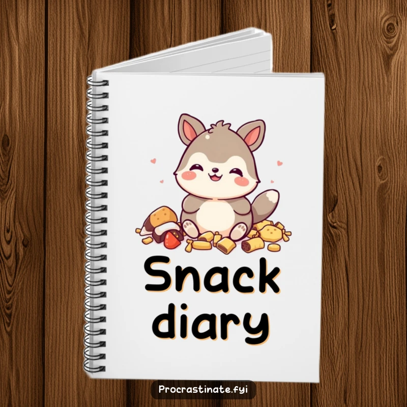 Funny notebook featuring a happy animal character's satisfied expression, surrounded by discarded snack wrappers, ready for notes.