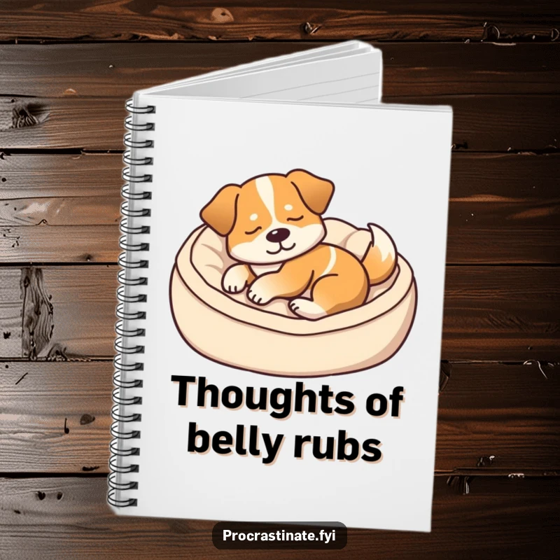 Funny notebook with a content dog dozing in a cozy dog bed, its tail giving a soft thump, perfect for jotting down happy thoughts.