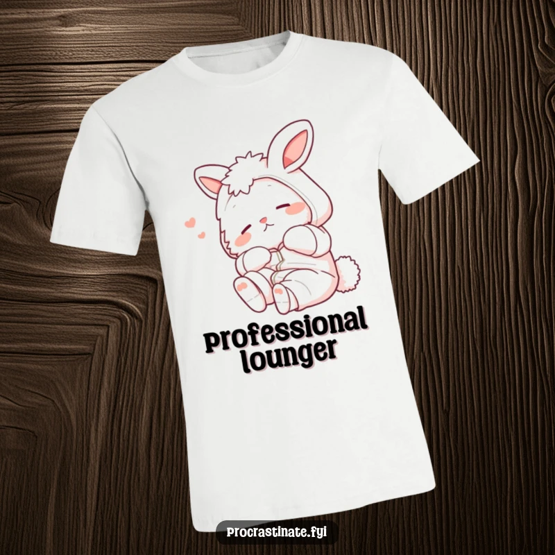 Funny fluffy bunny wearing pajamas, stretching lazily with a contented sigh on a t-shirt, hilarious and cozy.