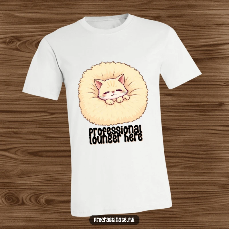 Funny t-shirt depicting a contented cat relaxing with half-closed eyes on a giant, fluffy blanket, a symbol of comfort.