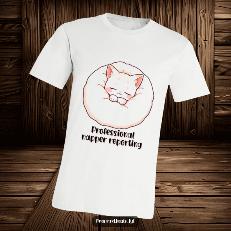 Funny cat t-shirt depicting a peaceful feline resting comfortably within a large, soft pillow, ideal for casual and cozy wear.