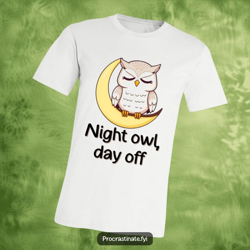 Funny owl t-shirt with a dazed, sleepy owl on a crescent moon, expressing a comical sense of morning fatigue.