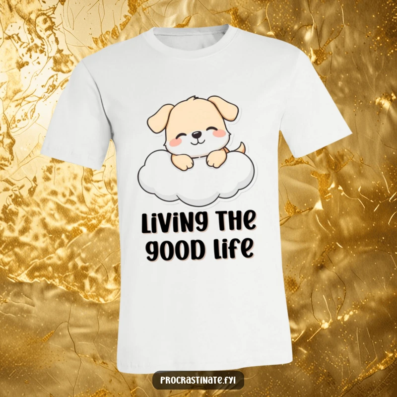 Funny dog t-shirt with a happy dog character smiling while lounging on a cloud, ideal for spreading joy and comfort.