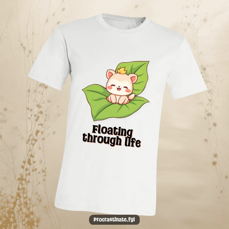 Funny t-shirt featuring a joyful animal character happily adrift on a large, oversized leaf, celebrating carefree adventures.