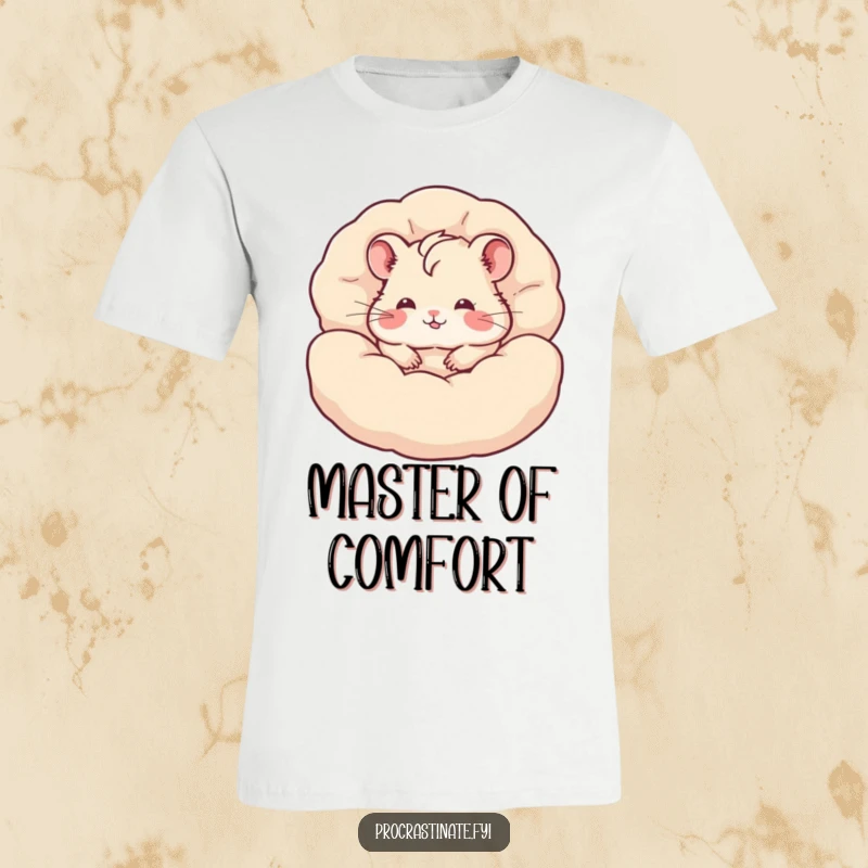 Funny hamster t-shirt with a content hamster burrowed deep within a pile of fluffy pillows, a soft and humorous tee.