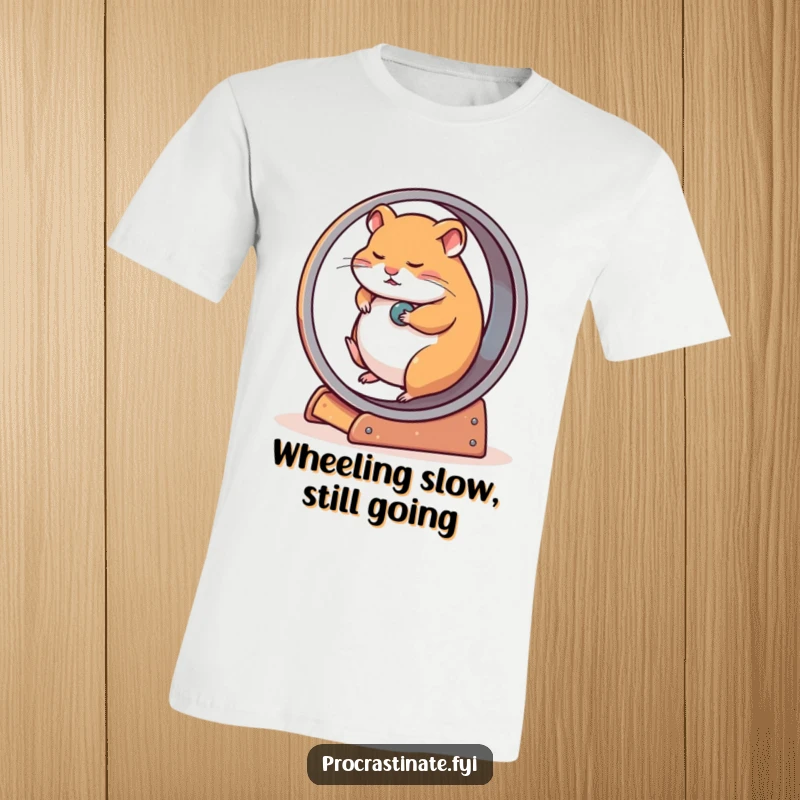 Funny t-shirt with a very tired hamster slowly turning an oversized wheel, capturing the essence of low energy and slow effort.