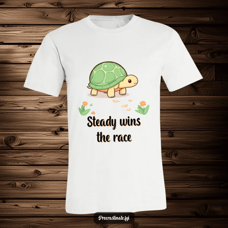 Funny kawaii turtle t-shirt featuring a cute turtle slowly inching along a path, promoting a relaxed and unhurried lifestyle.