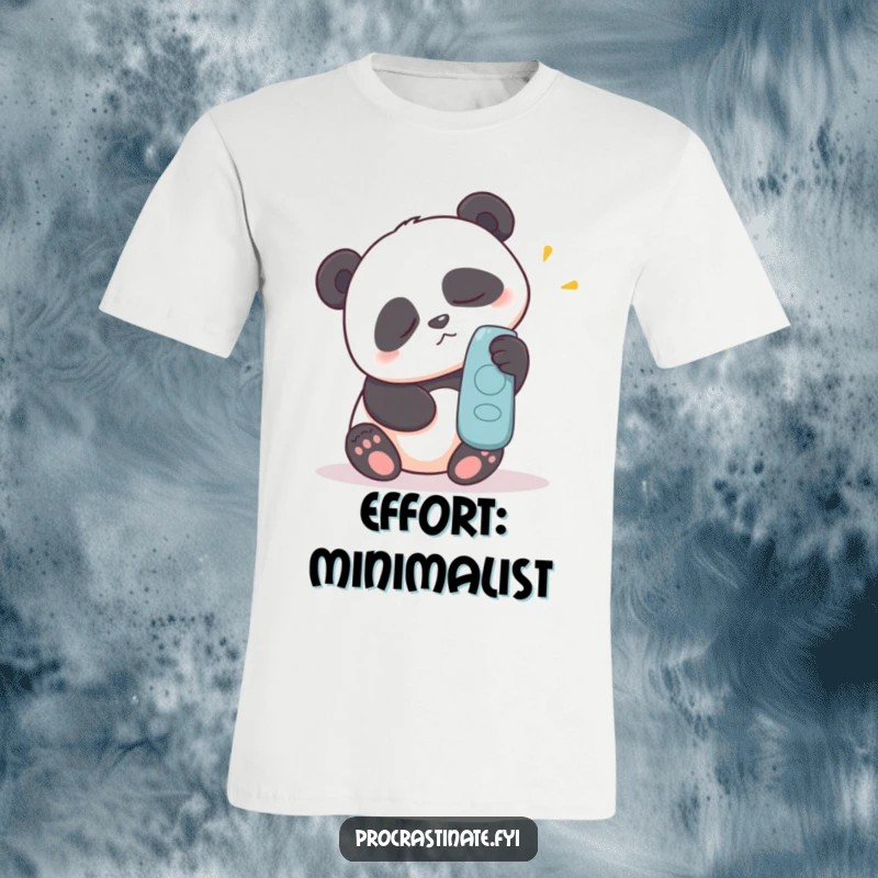 Funny t-shirt showing a sleepy panda exerting great effort to grab a remote control, relatable for entertainment lovers.