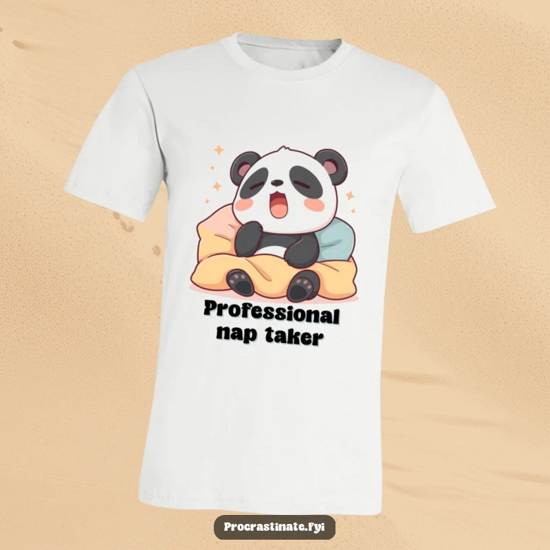 Funny t-shirt featuring a sleepy panda yawning widely, nestled in soft pillows and blankets, a symbol of deep relaxation and comfort.
