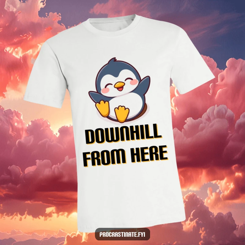 Funny t-shirt featuring a gleeful penguin character with eyes closed, joyfully sliding down a smooth, snowy hill, experiencing freedom.