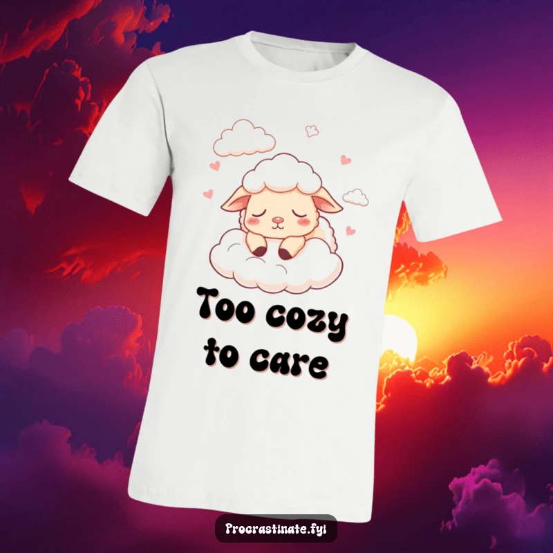 Funny t-shirt featuring a cartoon sheep character dozing off while counting fluffy clouds, soft and relaxed.