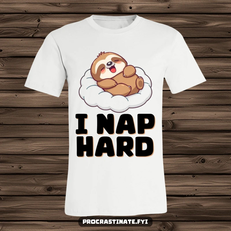 Funny Sloth T-Shirt showcasing a relaxed character lounging on a cloud, perfect for promoting humor and a chill lifestyle.