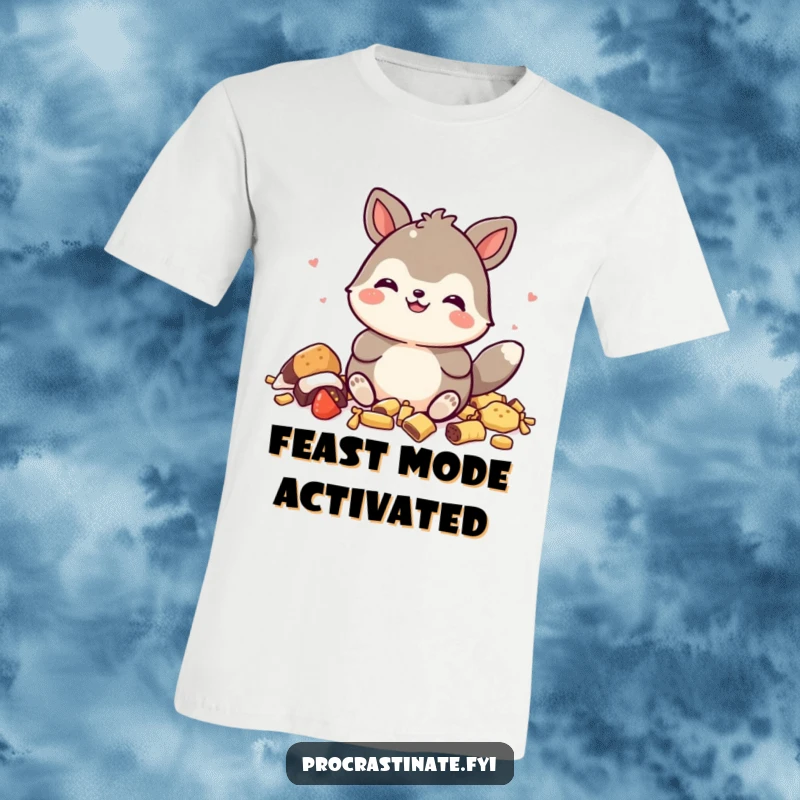 Funny t-shirt with a happy animal character, surrounded by snack remnants and wearing a proud, satisfied grin.