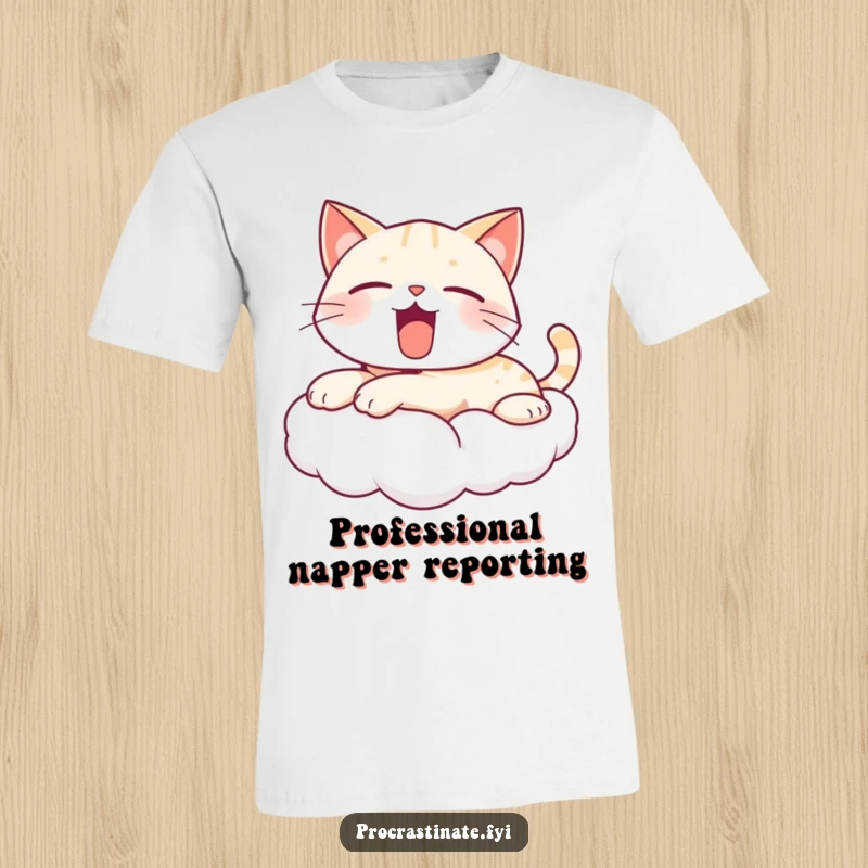 Funny yawning cat T-shirt with a cute, kawaii cat stretched out on a fluffy cloud, expressing total relaxation with a charming, cartoon yawn.