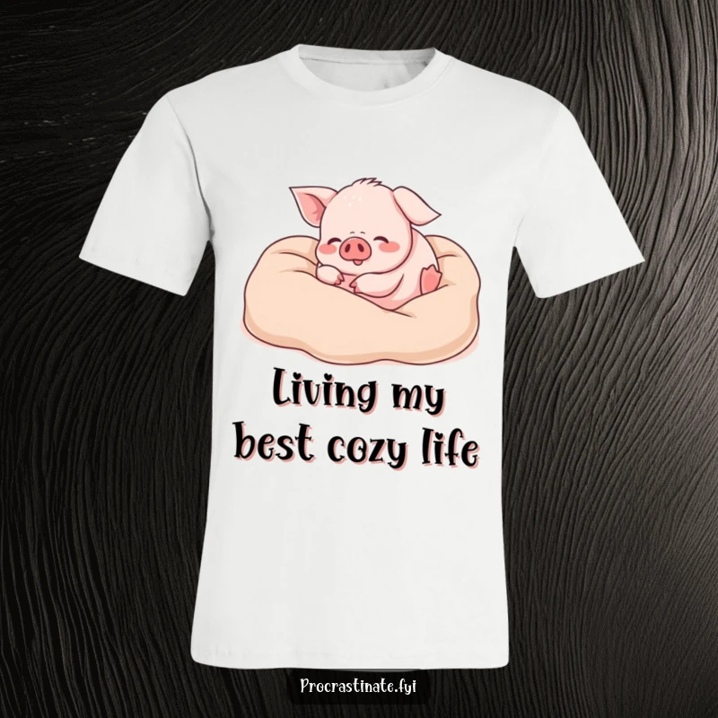 Funny piglet t-shirt with a happy piglet rolling gleefully in a heap of soft blankets, capturing moments of pure, uninhibited joy.